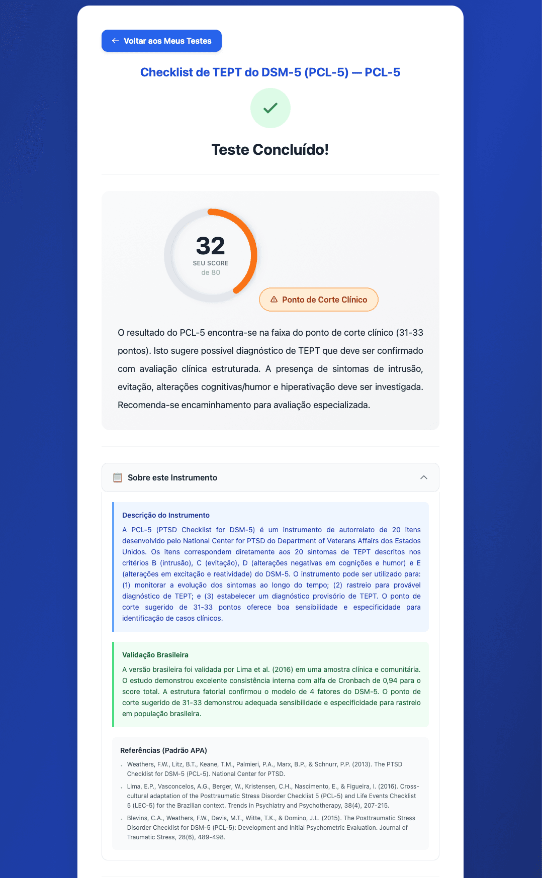 Tela de resultado do teste PCL-5 com score, interpretação e documentação científica